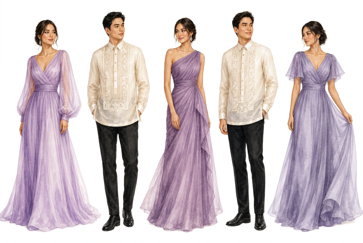 Entourage attire reference: ladies in long gowns, gentlemen in barong