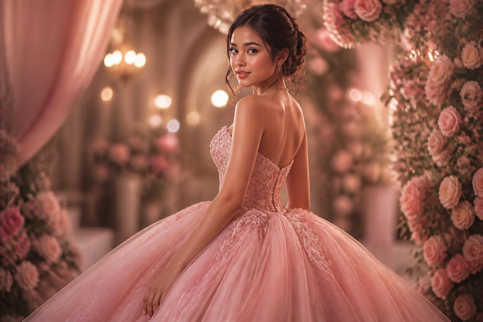 Filipina debutante in a rose-pink ballgown on the debut invitation preview cover